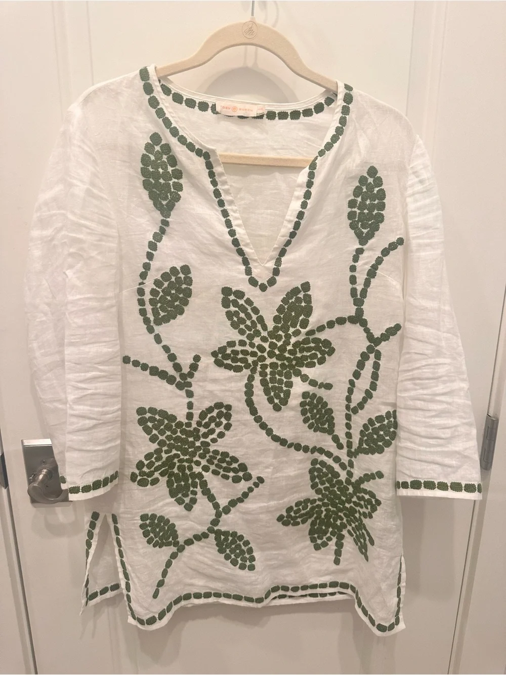 Tory Burch White Linen Tunic with Green Floral Embroidery